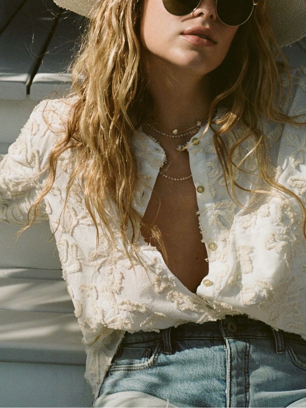 Anthropologie Cream Embroidered Textured Button-Down Shirt